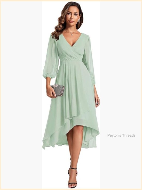 Dresses & Skirts - Chiffon V Neck Long Sleeve A-Line Midi Wedding Guest Dress Cocktail Party Formal